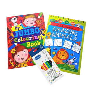 Jumbo colouring book, Let's draw amazing animals activity book and 12pc colouring pencil kit